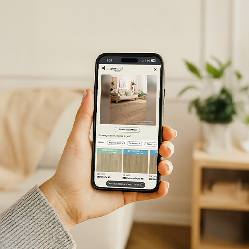 EF Match flooring visualization tool displayed on a smartphone.