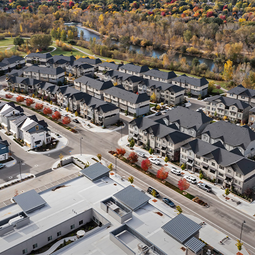Aerial view of a large multifamily residential community.